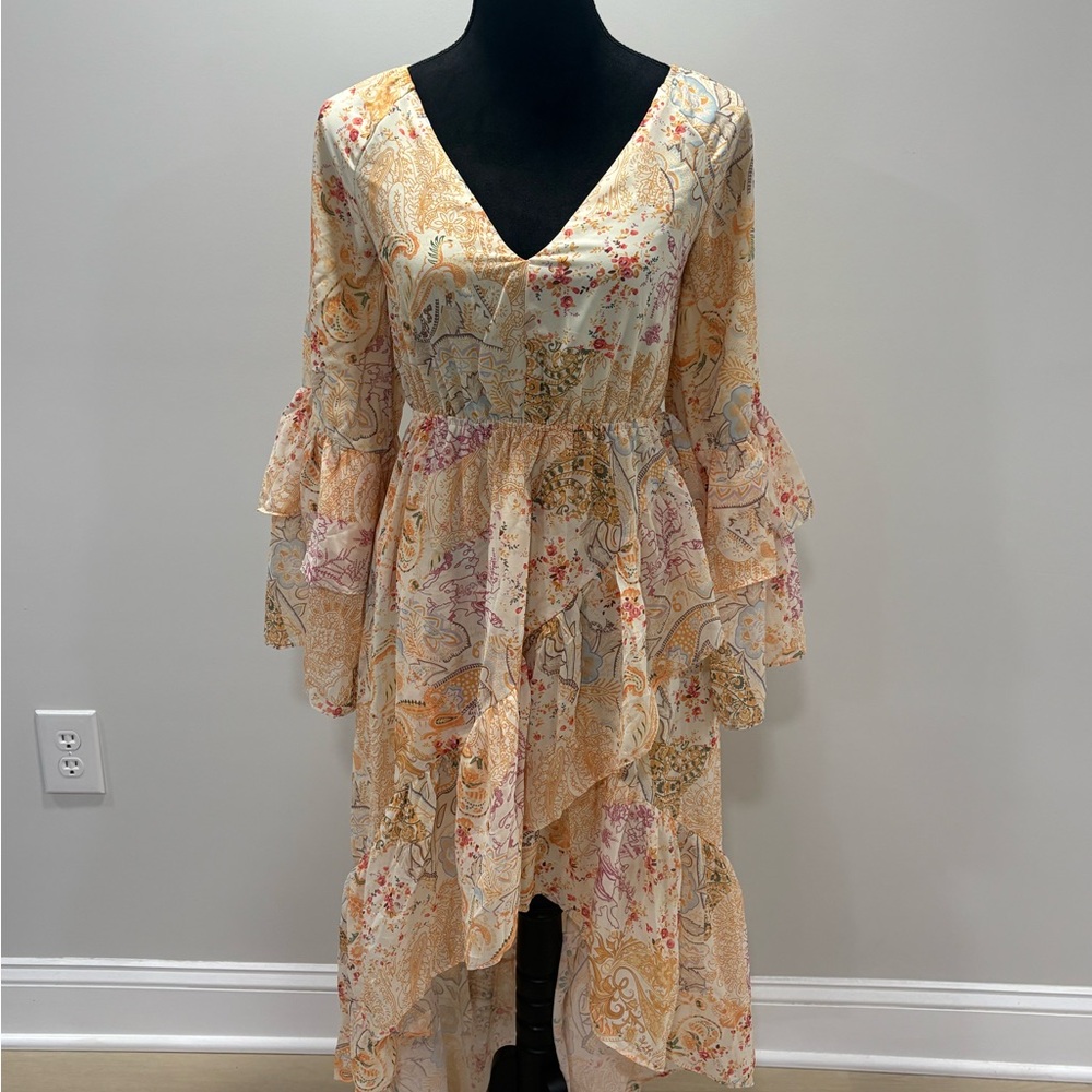 SHEIN Multicolor High Low Dress with Ruffle Sleeves
